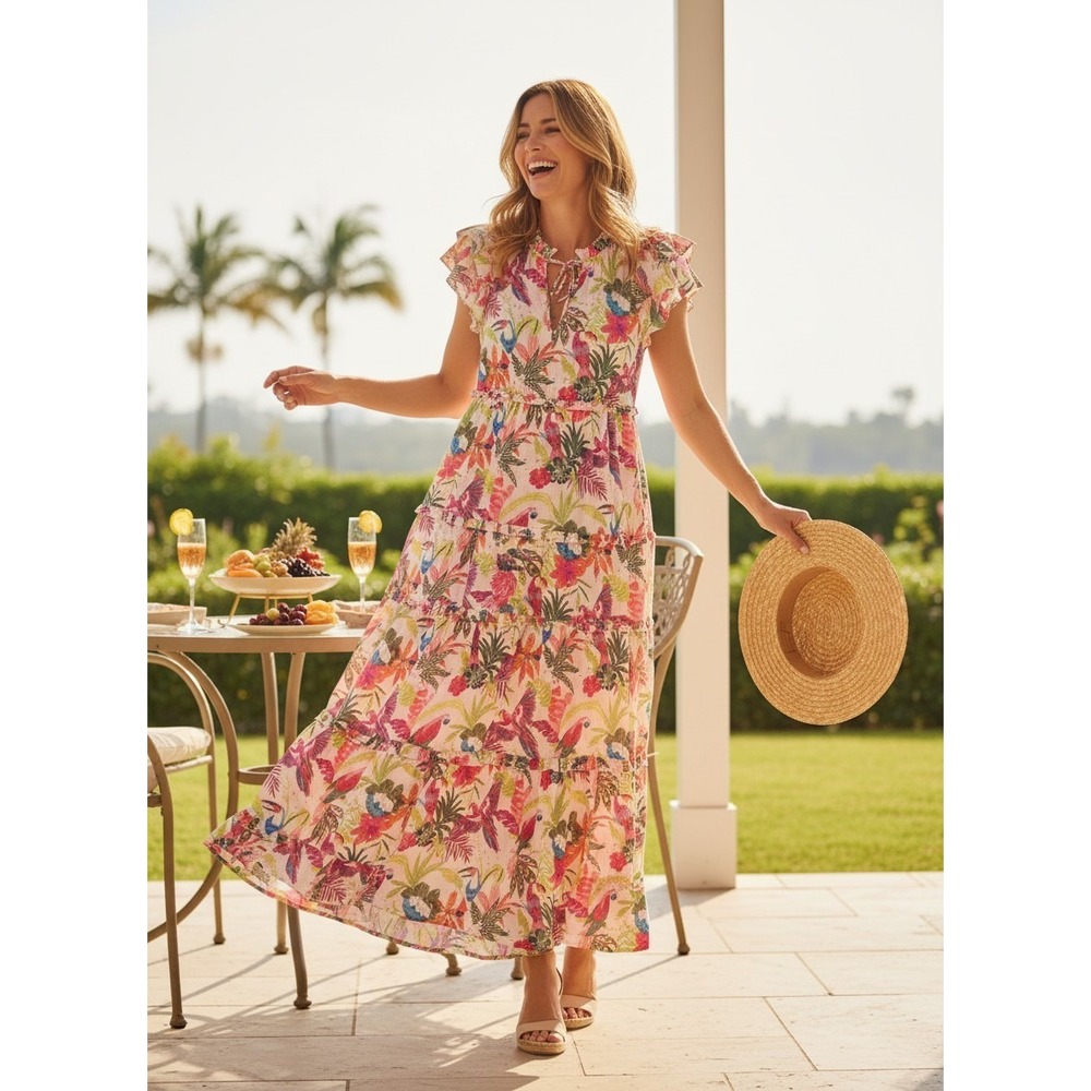 Crown & Ivy Tropical Parrot Tiered Maxi Dress Women's Size M